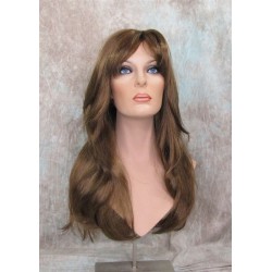 LINDA B | Golden Brown Long Wig Layers Bangs Skin Part Gentle Waves 
