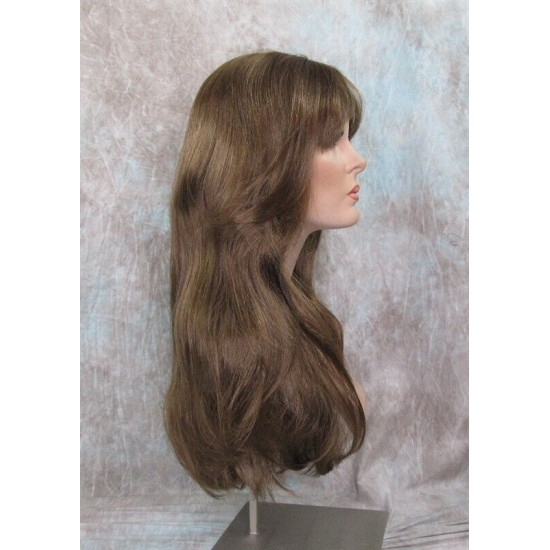 LINDA B | Golden Brown Long Wig Layers Bangs Skin Part Gentle Waves 