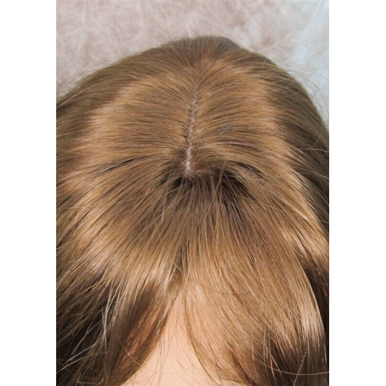 LINDA B | Golden Brown Long Wig Layers Bangs Skin Part Gentle Waves 