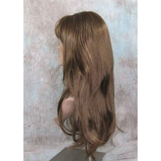 LINDA B | Golden Brown Long Wig Layers Bangs Skin Part Gentle Waves 