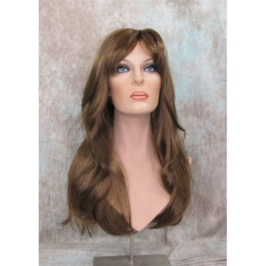 LINDA B | Golden Brown Long Wig Layers Bangs Skin Part Gentle Waves 