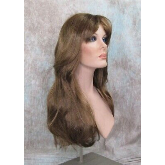 LINDA B | Golden Brown Long Wig Layers Bangs Skin Part Gentle Waves 