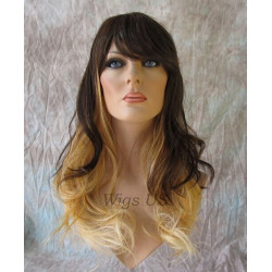 PANDORA | Brown over Blonde Long Wig Waves Skin Part Bangs Combs HEAT OK
