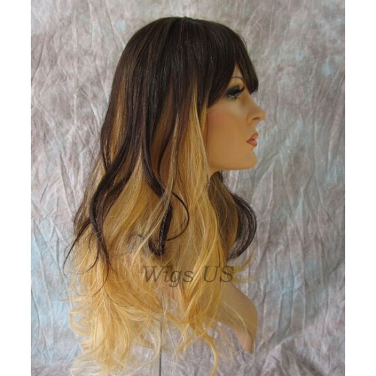 PANDORA | Brown over Blonde Long Wig Waves Skin Part Bangs Combs HEAT OK