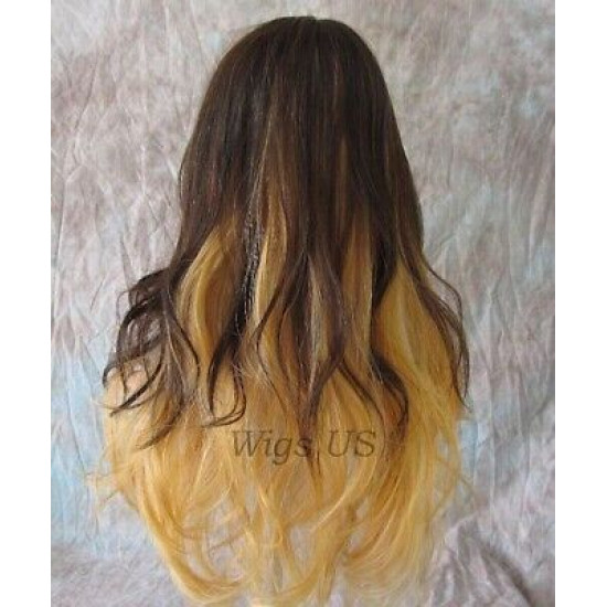 PANDORA | Brown over Blonde Long Wig Waves Skin Part Bangs Combs HEAT OK
