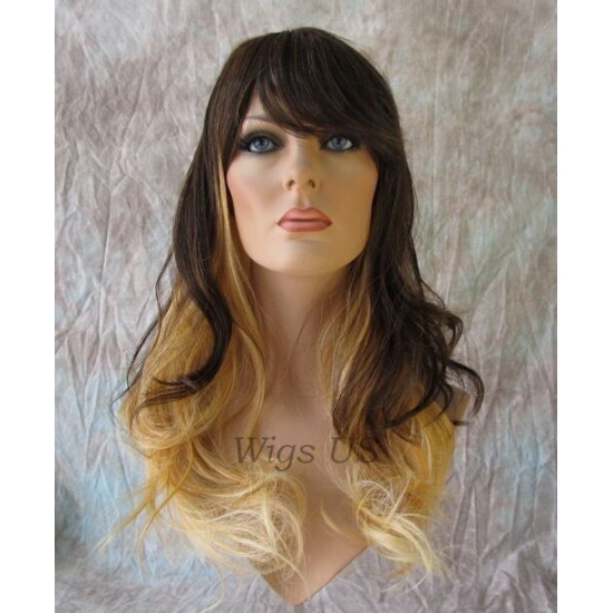 PANDORA | Brown over Blonde Long Wig Waves Skin Part Bangs Combs HEAT OK