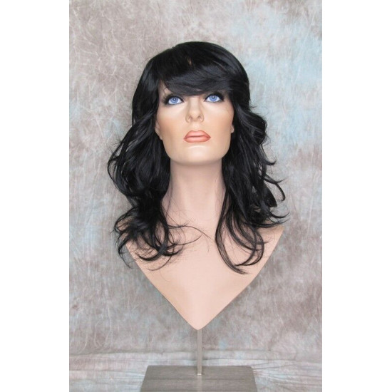 SHANIA | Jet Black Long Soft Waves Wig Bangs Side Part 17" 
