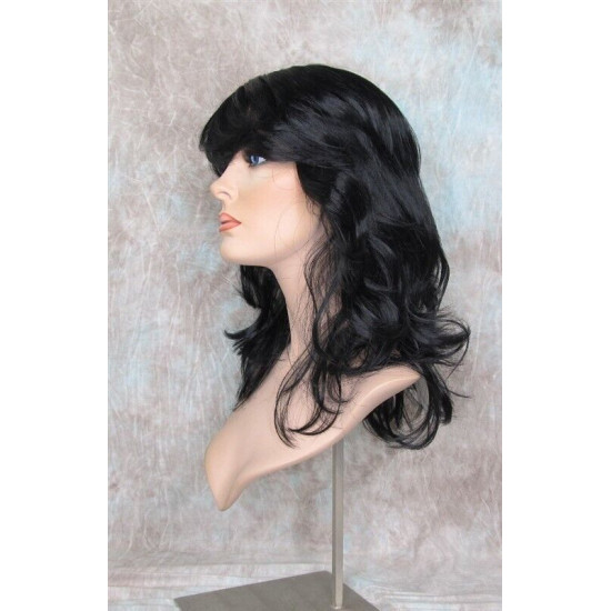 SHANIA | Jet Black Long Soft Waves Wig Bangs Side Part 17" 