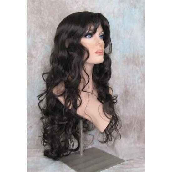 OLIVIA | Dark Brown Long Wig Long Curls Skin Side Part Bangs 