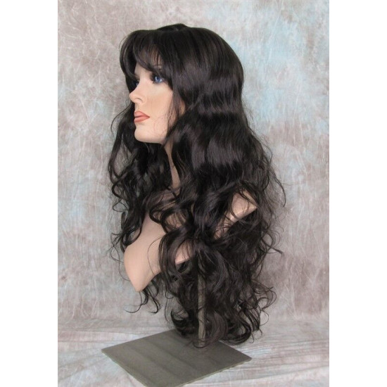 OLIVIA | Dark Brown Long Wig Long Curls Skin Side Part Bangs 