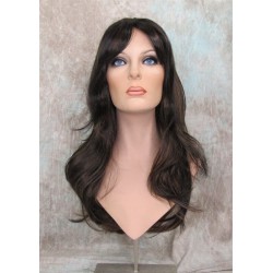 LINDA B | Darkest Brown Auburn Long Wig Layers Bangs Skin Part Gentle Waves 