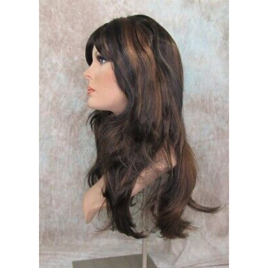 LINDA B | Darkest Brown Auburn Long Wig Layers Bangs Skin Part Gentle Waves 