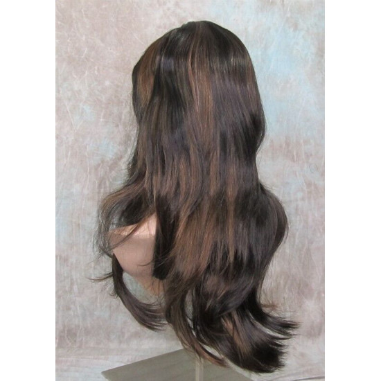 LINDA B | Darkest Brown Auburn Long Wig Layers Bangs Skin Part Gentle Waves 