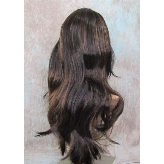 LINDA B | Darkest Brown Auburn Long Wig Layers Bangs Skin Part Gentle Waves 