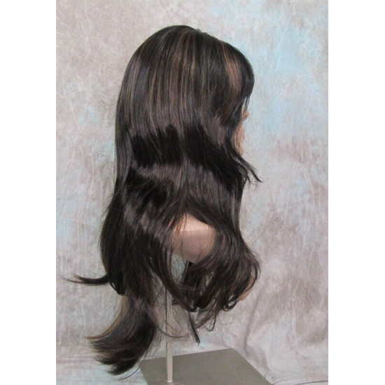 LINDA B | Darkest Brown Auburn Long Wig Layers Bangs Skin Part Gentle Waves 