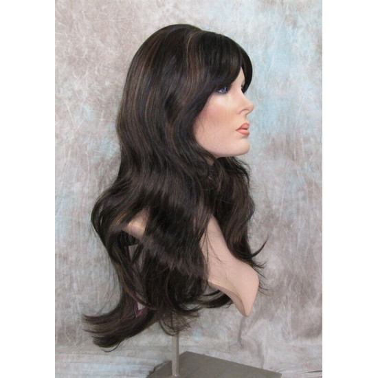 LINDA B | Darkest Brown Auburn Long Wig Layers Bangs Skin Part Gentle Waves 