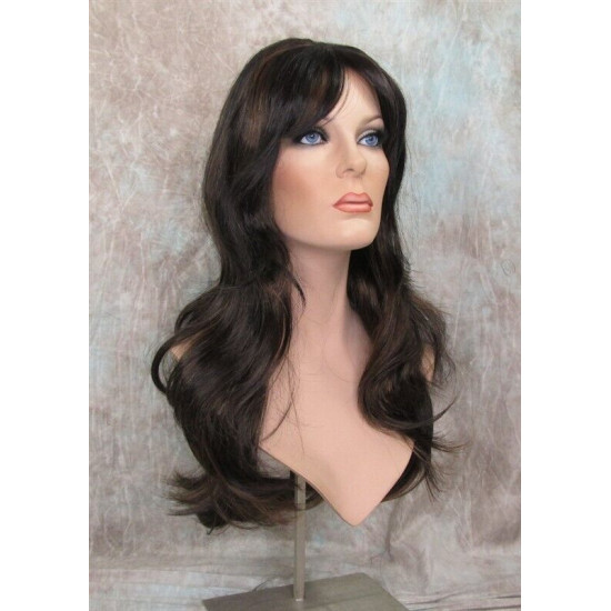 LINDA B | Darkest Brown Auburn Long Wig Layers Bangs Skin Part Gentle Waves 