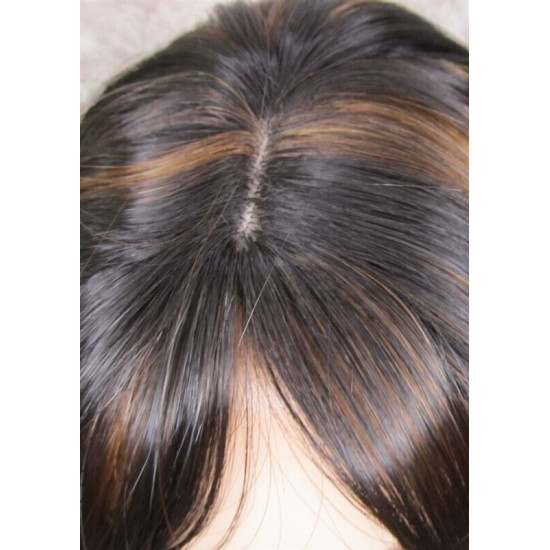 LINDA B | Darkest Brown Auburn Long Wig Layers Bangs Skin Part Gentle Waves 