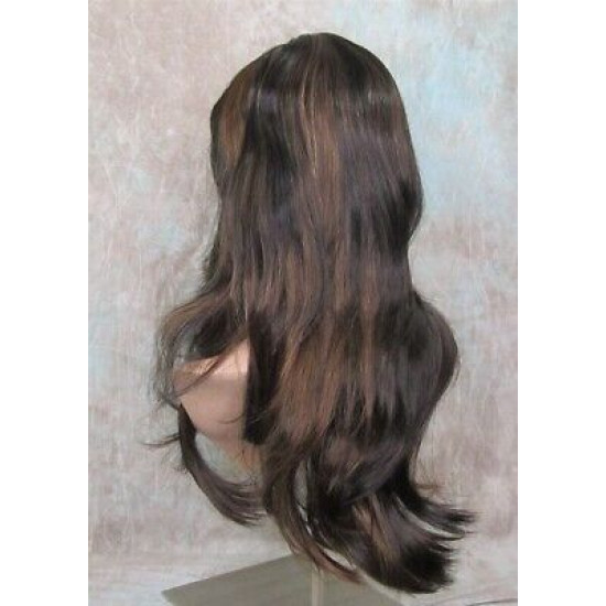 LINDA B | Darkest Brown Auburn Long Wig Layers Bangs Skin Part Gentle Waves 