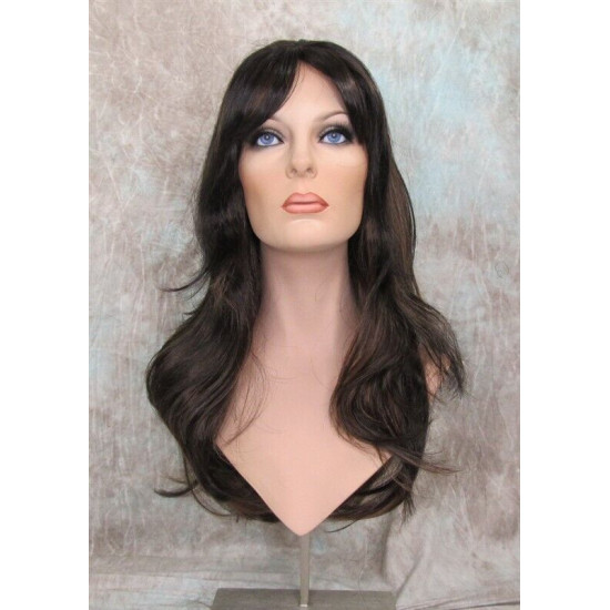 LINDA B | Darkest Brown Auburn Long Wig Layers Bangs Skin Part Gentle Waves 