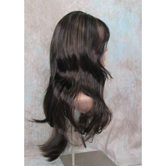 LINDA B | Darkest Brown Auburn Long Wig Layers Bangs Skin Part Gentle Waves 