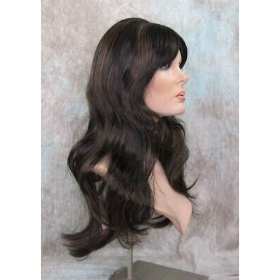LINDA B | Darkest Brown Auburn Long Wig Layers Bangs Skin Part Gentle Waves 