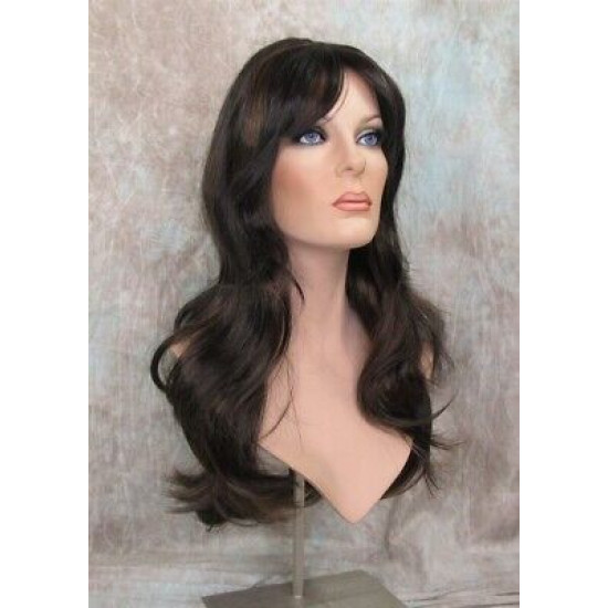 LINDA B | Darkest Brown Auburn Long Wig Layers Bangs Skin Part Gentle Waves 