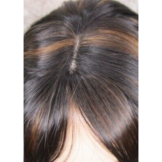 LINDA B | Darkest Brown Auburn Long Wig Layers Bangs Skin Part Gentle Waves 