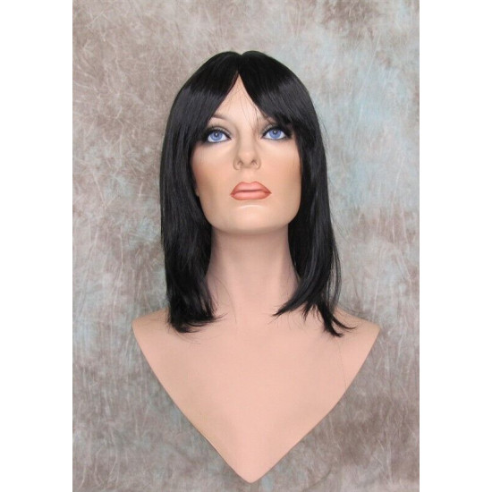 CHEYENNE | Natural Black Medium Wig Beveled Face Frame Layers Skin Part Bangs 