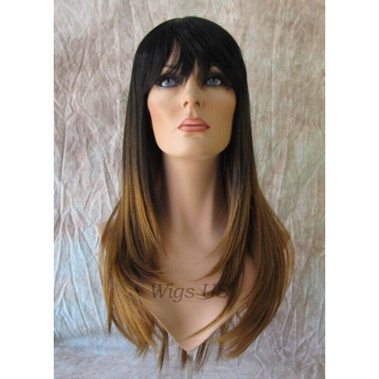 TOKYO | Brown Dark Root Long Wig Straight Layers Skin Crown Bangs TB427N