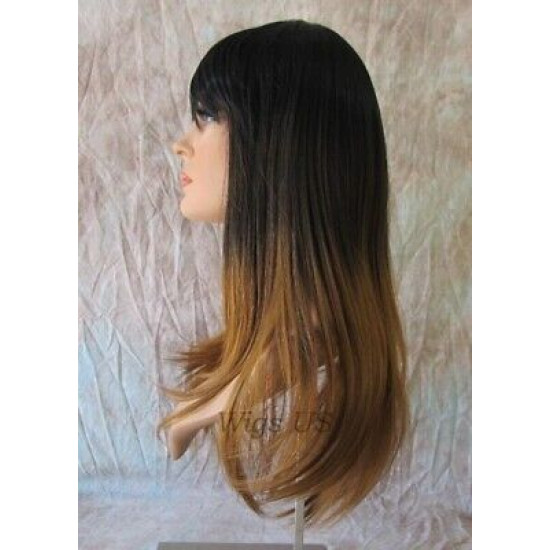 TOKYO | Brown Dark Root Long Wig Straight Layers Skin Crown Bangs TB427N