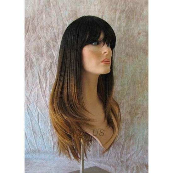 TOKYO | Brown Dark Root Long Wig Straight Layers Skin Crown Bangs TB427N