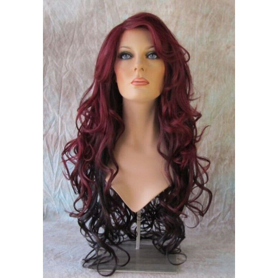HS BOSTON | Burgundy & Dark Brown Long Wig Curls Side Swept Bangs HEAT OK