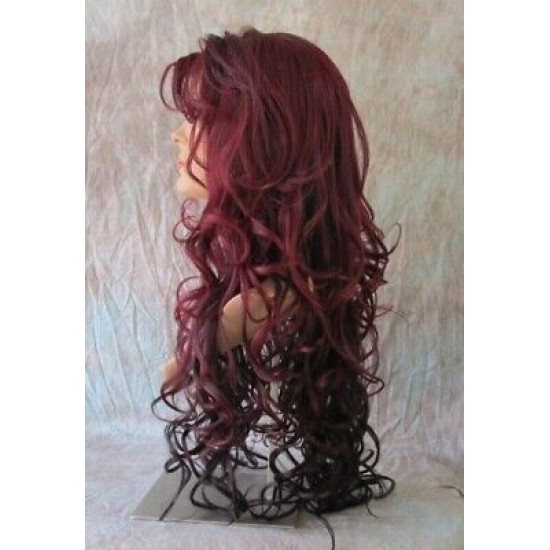 HS BOSTON | Burgundy & Dark Brown Long Wig Curls Side Swept Bangs HEAT OK