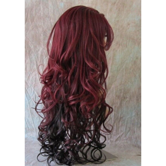 HS BOSTON | Burgundy & Dark Brown Long Wig Curls Side Swept Bangs HEAT OK