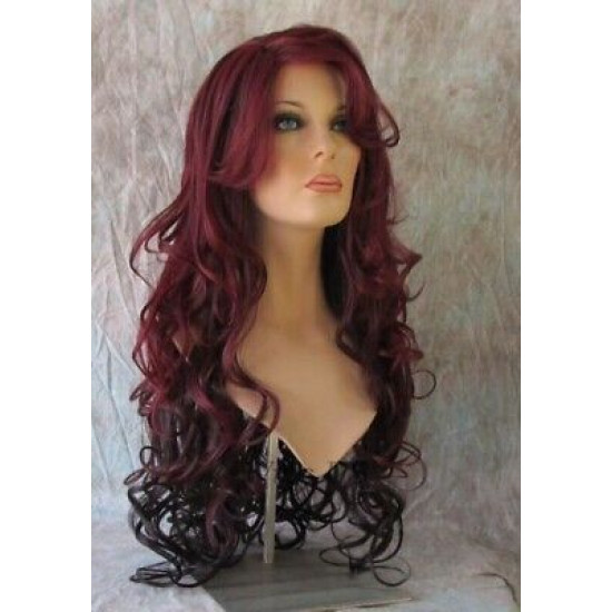 HS BOSTON | Burgundy & Dark Brown Long Wig Curls Side Swept Bangs HEAT OK