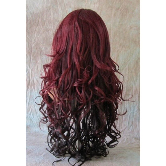 HS BOSTON | Burgundy & Dark Brown Long Wig Curls Side Swept Bangs HEAT OK