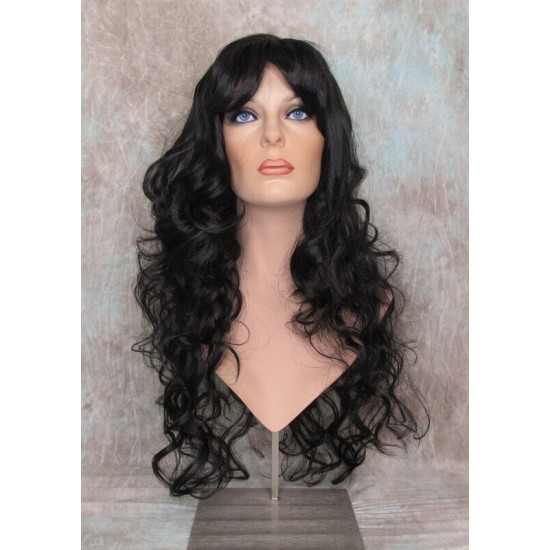 OLIVIA | Natural Black Long Wig Long Curls Skin Side Part Bangs 