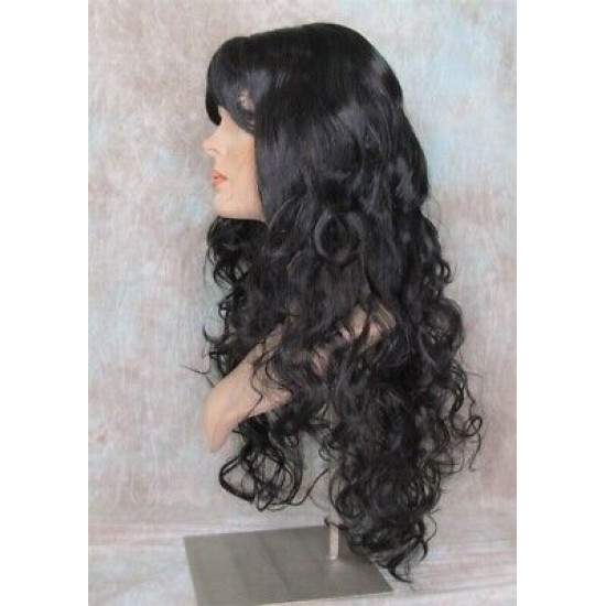 OLIVIA | Natural Black Long Wig Long Curls Skin Side Part Bangs 