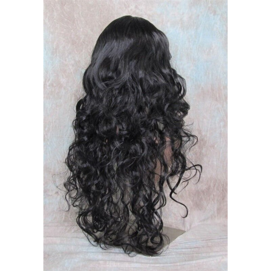 OLIVIA | Natural Black Long Wig Long Curls Skin Side Part Bangs 
