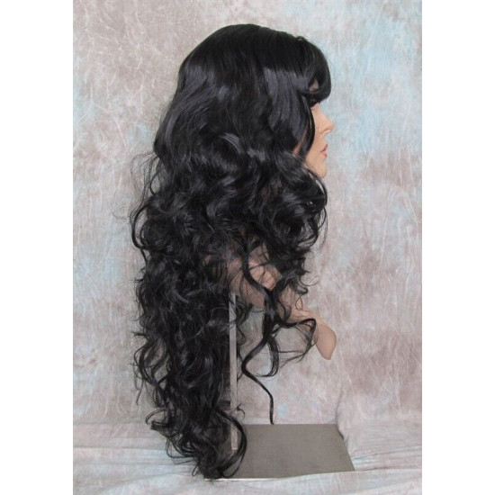 OLIVIA | Natural Black Long Wig Long Curls Skin Side Part Bangs 