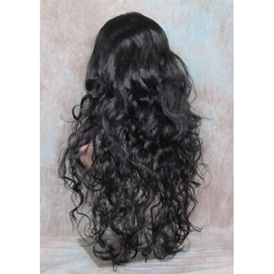 OLIVIA | Natural Black Long Wig Long Curls Skin Side Part Bangs 