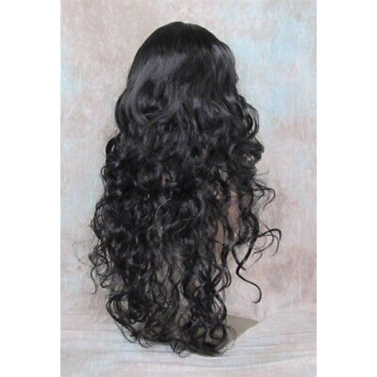 OLIVIA | Natural Black Long Wig Long Curls Skin Side Part Bangs 