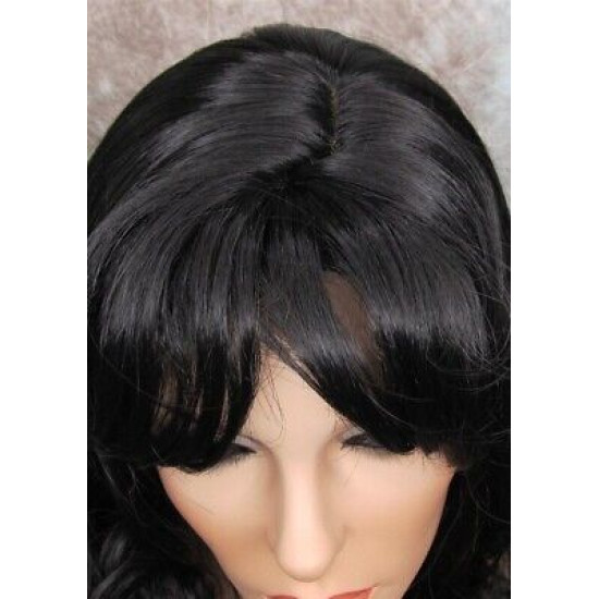 OLIVIA | Natural Black Long Wig Long Curls Skin Side Part Bangs 