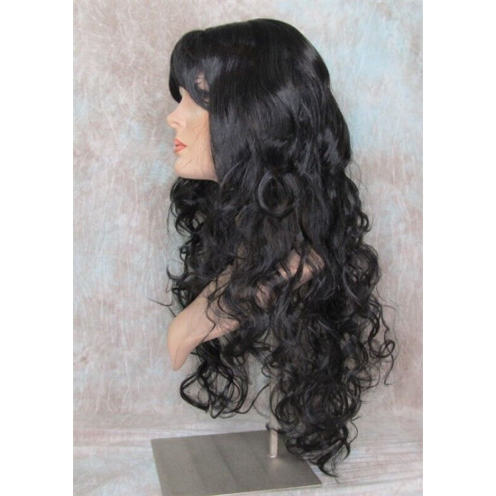 OLIVIA | Natural Black Long Wig Long Curls Skin Side Part Bangs 
