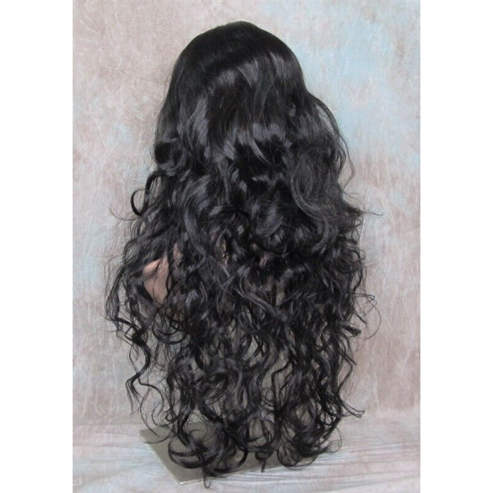 OLIVIA | Natural Black Long Wig Long Curls Skin Side Part Bangs 