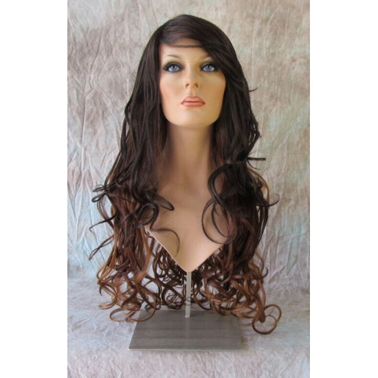 HS BOSTON | Dark Brown to Auburn Long Wig Curls Side Swept Bangs HEAT OK 