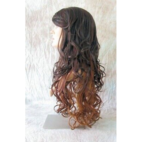 HS BOSTON | Dark Brown to Auburn Long Wig Curls Side Swept Bangs HEAT OK 