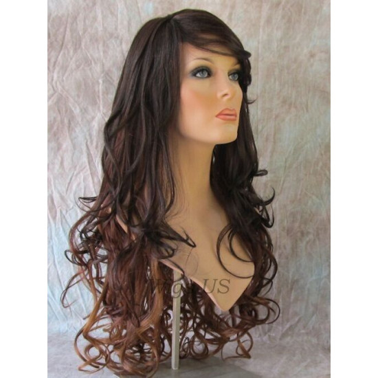 HS BOSTON | Dark Brown to Auburn Long Wig Curls Side Swept Bangs HEAT OK 