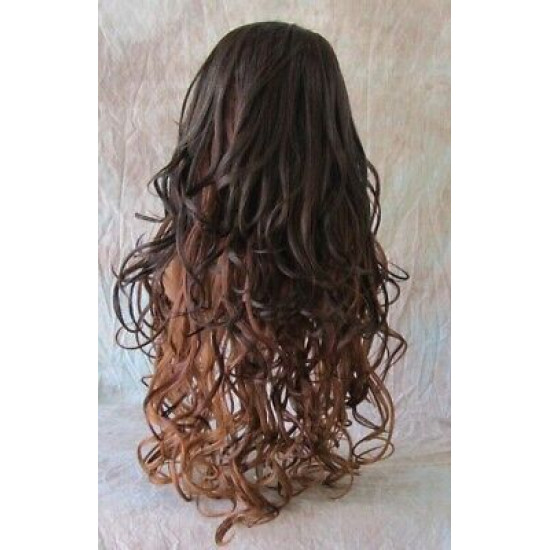HS BOSTON | Dark Brown to Auburn Long Wig Curls Side Swept Bangs HEAT OK 